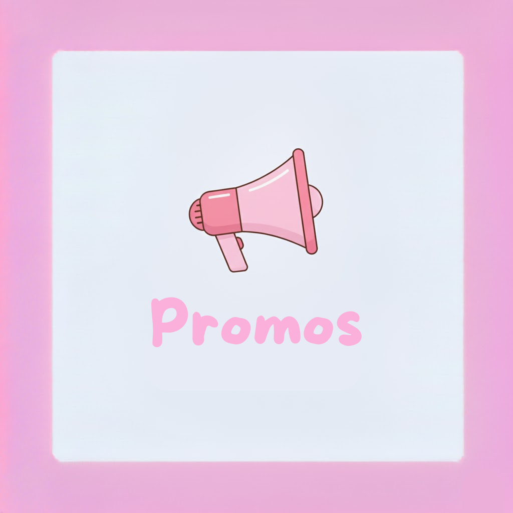 Pink megaphone illustration above the word 'Promos' in pink text on a white square with a pink border background.