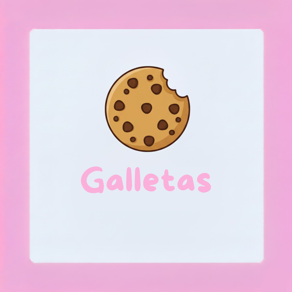 Illustration of a bitten chocolate chip cookie above the word 'Galletas' in pink on a white square with a pink border.