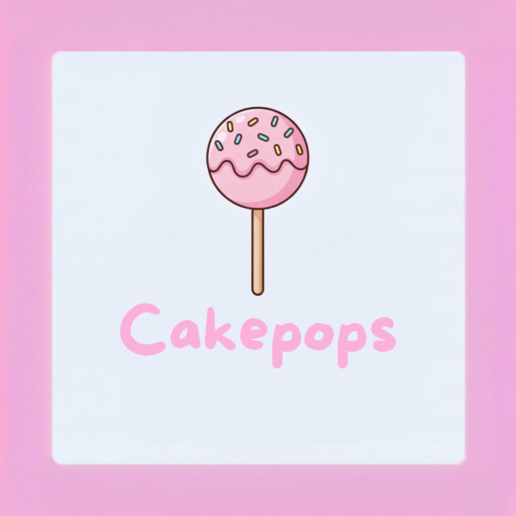 Illustration of a pink cakepop with colorful sprinkles and the word 'Cakepops' below it on a white square with a pink border.
