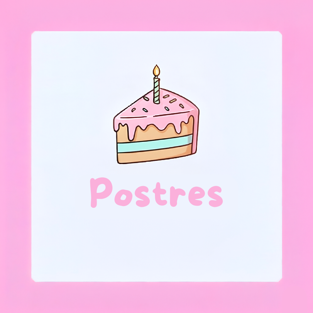 Illustration of a slice of birthday cake with pink icing, sprinkles, and a lit candle above the word 'Postres' in pink text on a white square with a pink border.