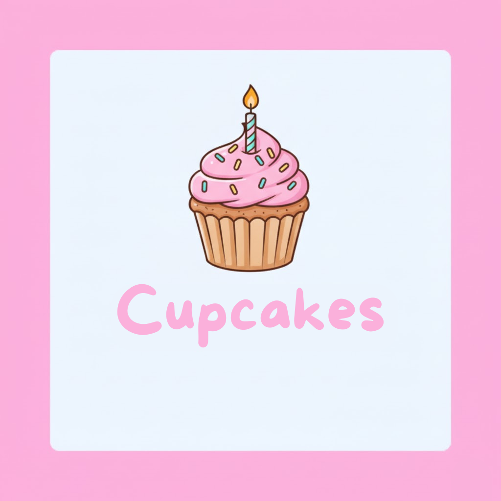 Illustration of a cupcake with pink frosting, colorful sprinkles, and a lit candle on top with the word 'Cupcakes' below it.