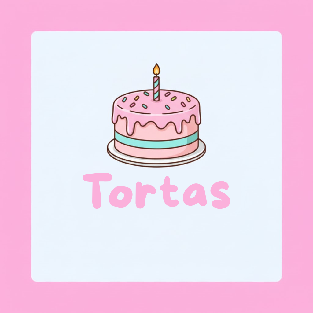 Illustration of a pink frosted birthday cake with a single lit candle and sprinkles, with the word 'Tortas' below.