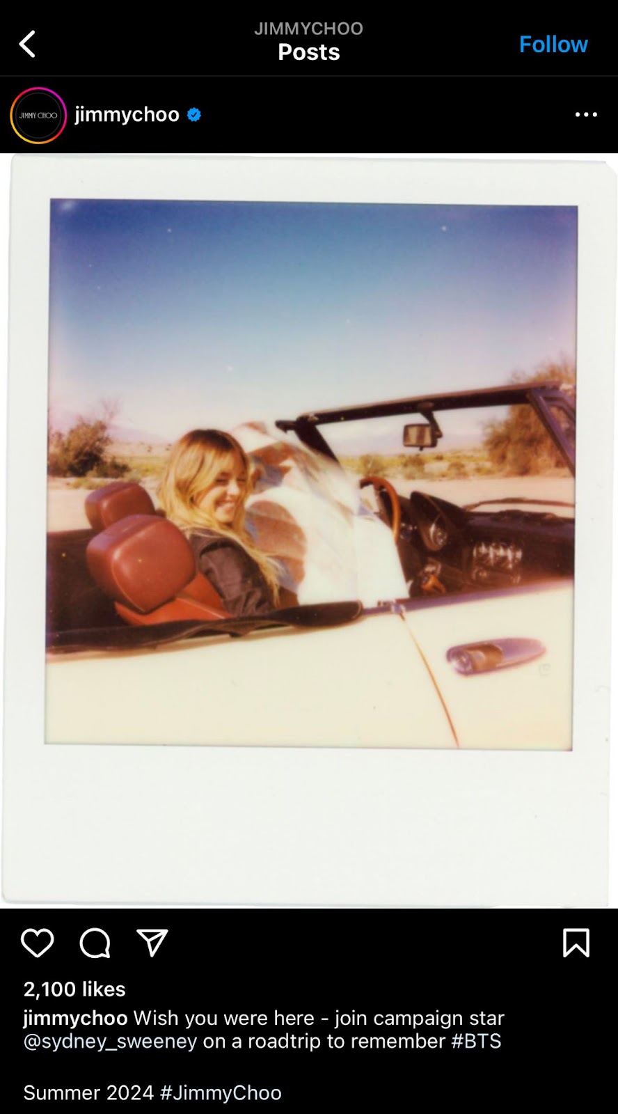 Sydney Sweeny doing promotional ad for Jimmy Choo, riding in car and smiling