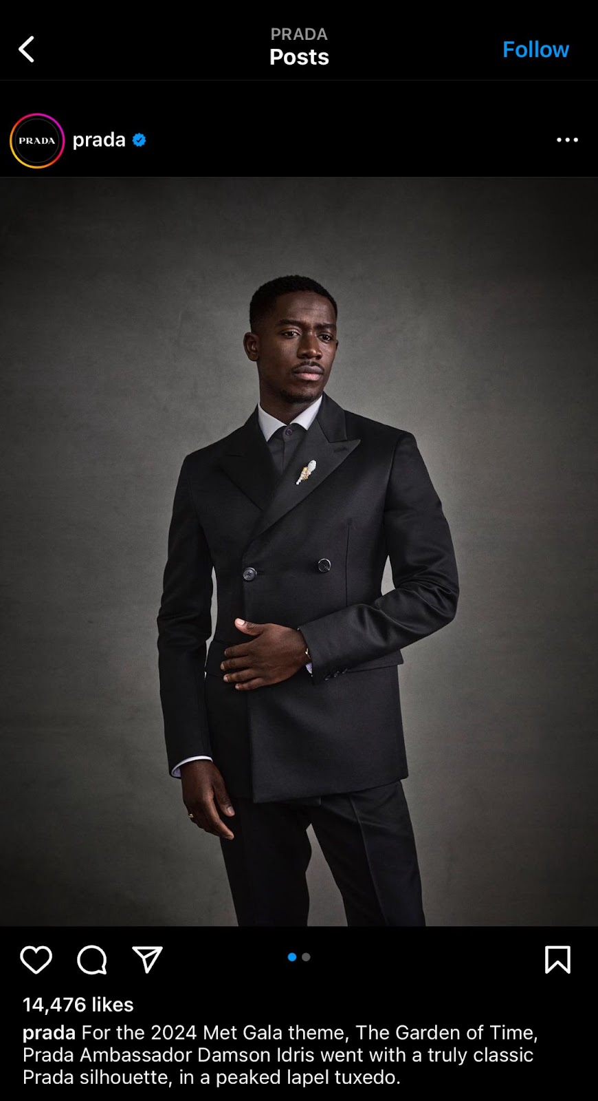 Damson Idris modeling for Prada 2024 met gala looks wearing black suit