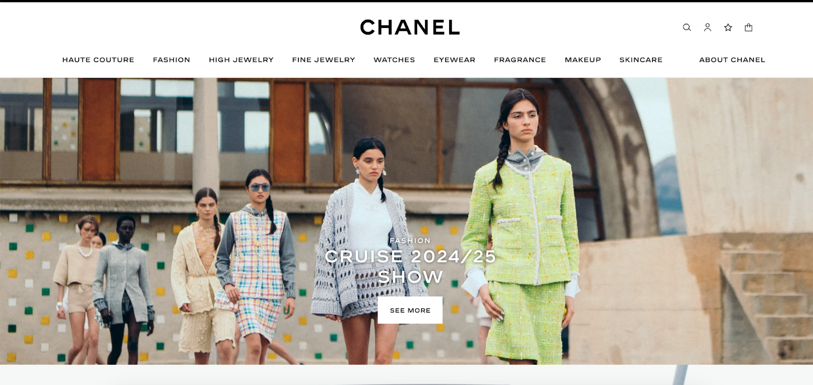Chanel website page showing women with dark hair lined up and walking on a runway
