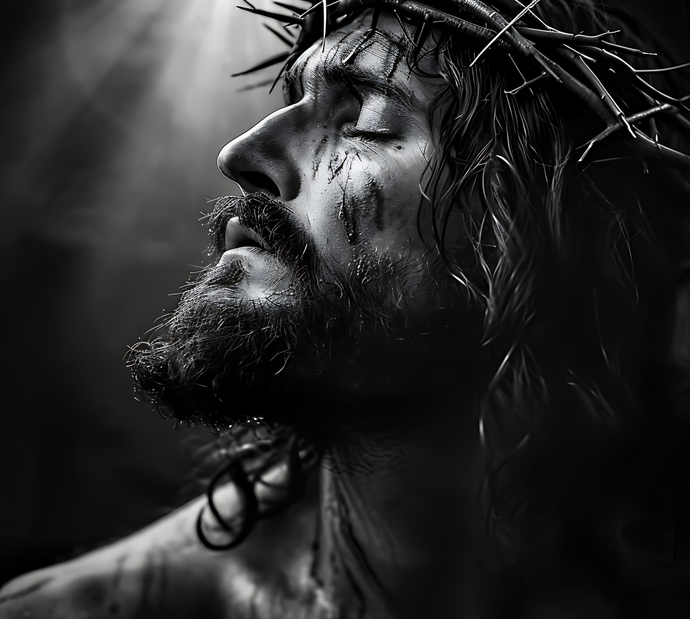 Jesus looking up to the heavens with his eyes closed as if bathing in sunlight