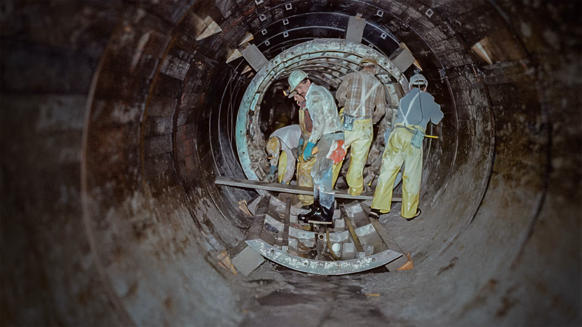 Four construction workers wearing safety helmets and yellow pants working inside a large circular tunnel with metal framework.