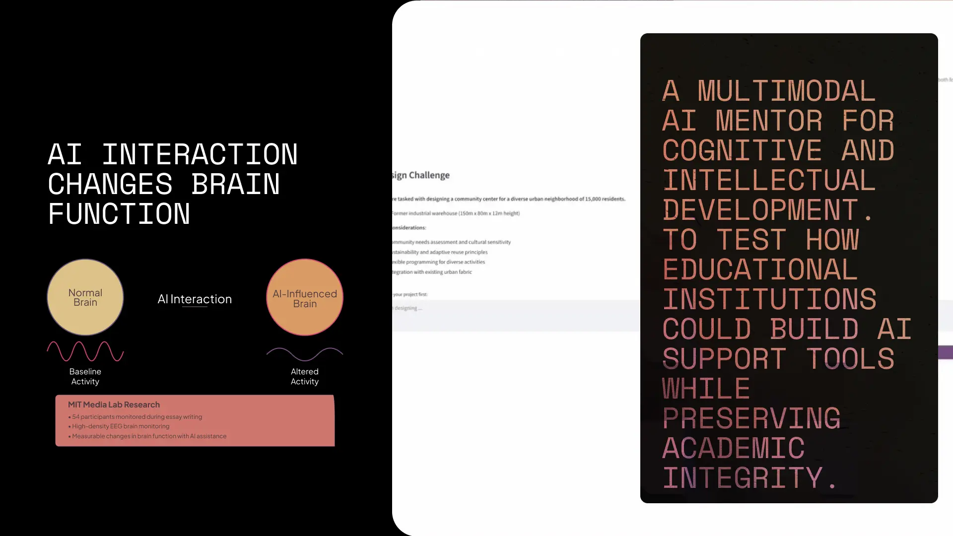 A side-by-side comparison of MIT Media Lab brain research and the project goal to build AI support tools while preserving academic integrity for the Mentor tutoring system by Archificials.