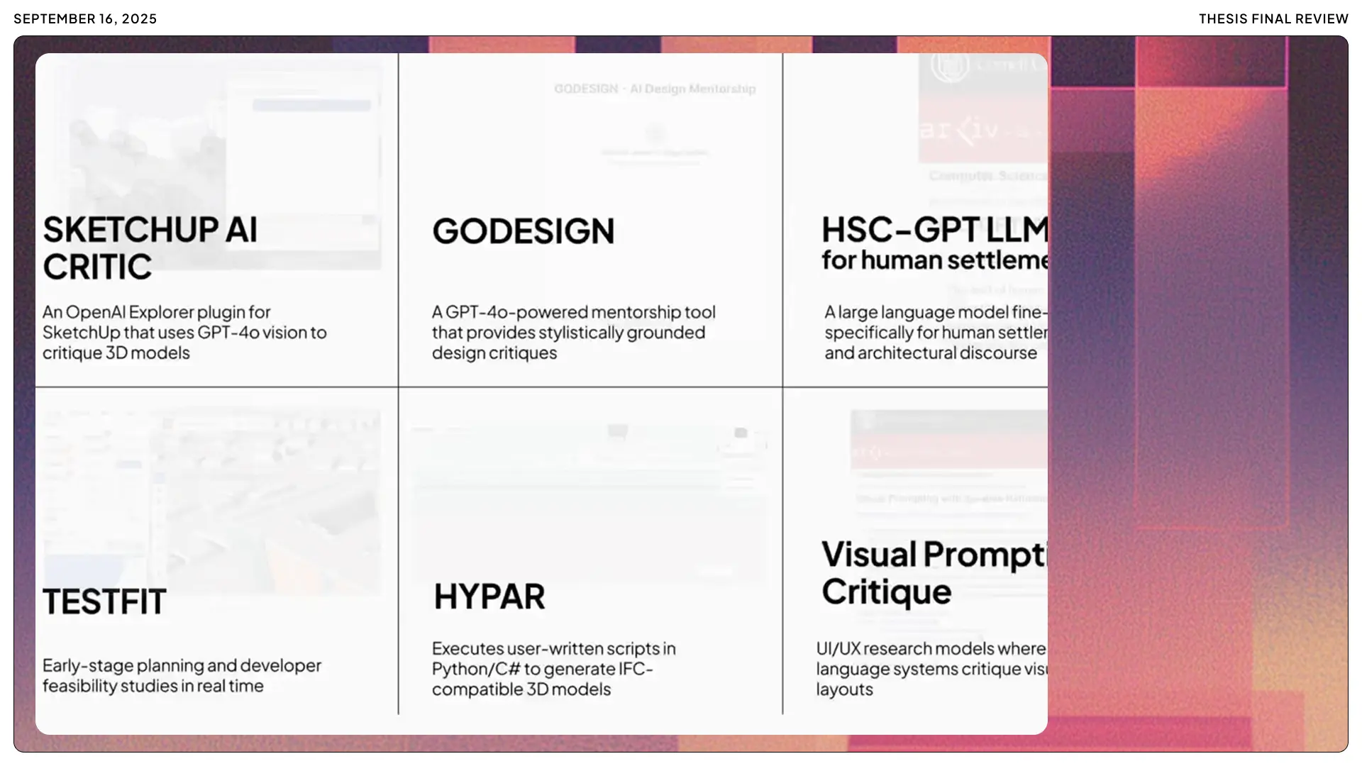 A grid showing various AI design tools like SketchUp AI Critic and Hypar, analyzed as part of the problem research for the Mentor AI project by Archificials.