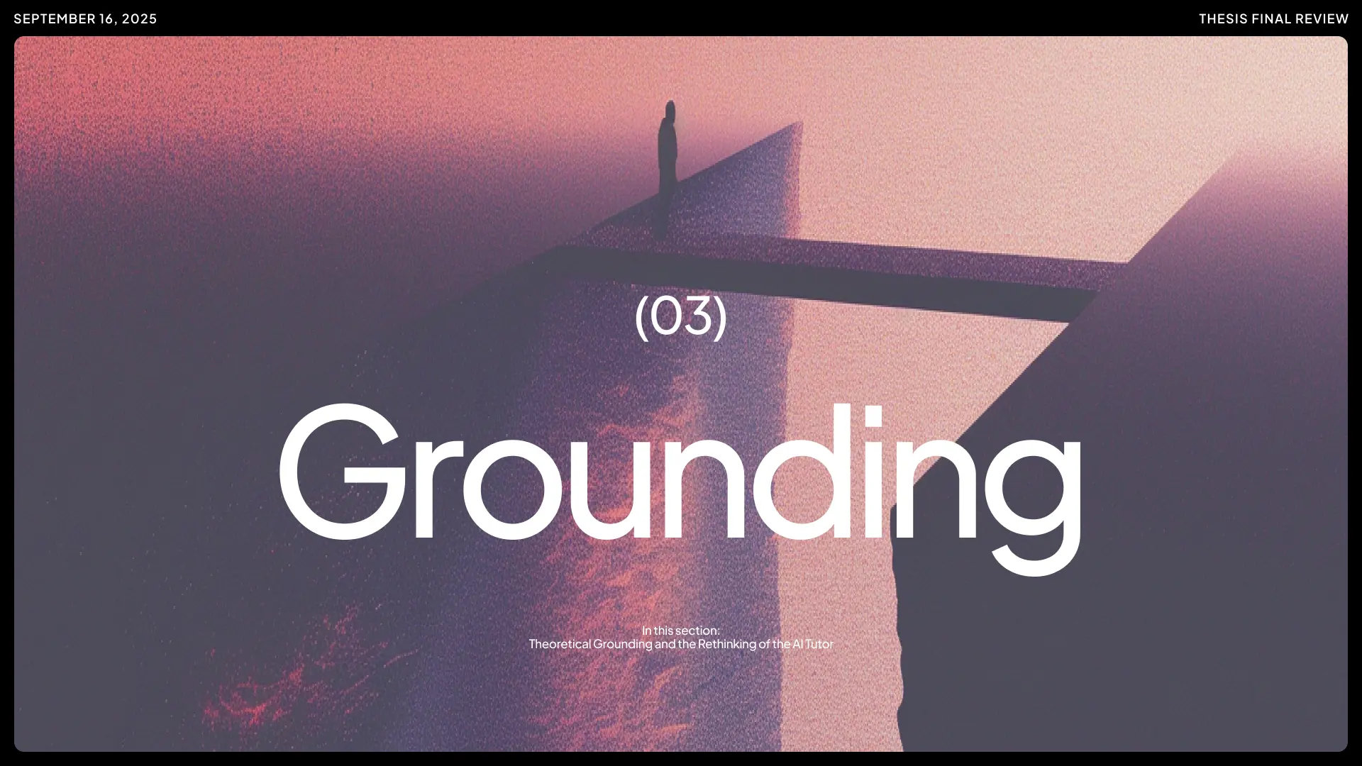 Abstract section header for Theoretical Grounding, featuring a figure on a bridge, representing the rethinking of the AI tutor for the Mentor project by Archificials.