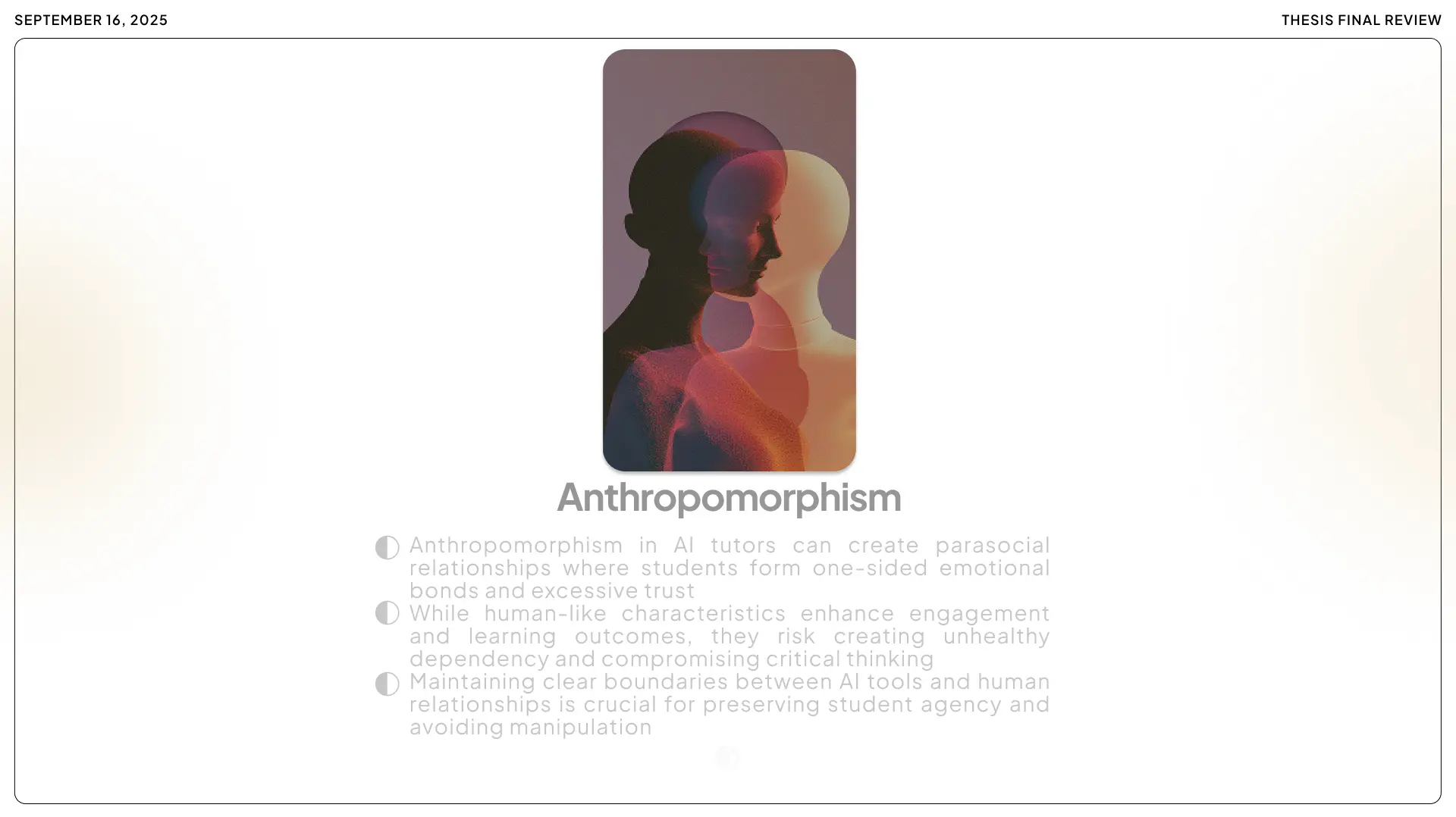 An infographic exploring the risks of anthropomorphism in AI tutors, emphasizing the need for clear boundaries to preserve student agency and critical thinking for the Mentor project.