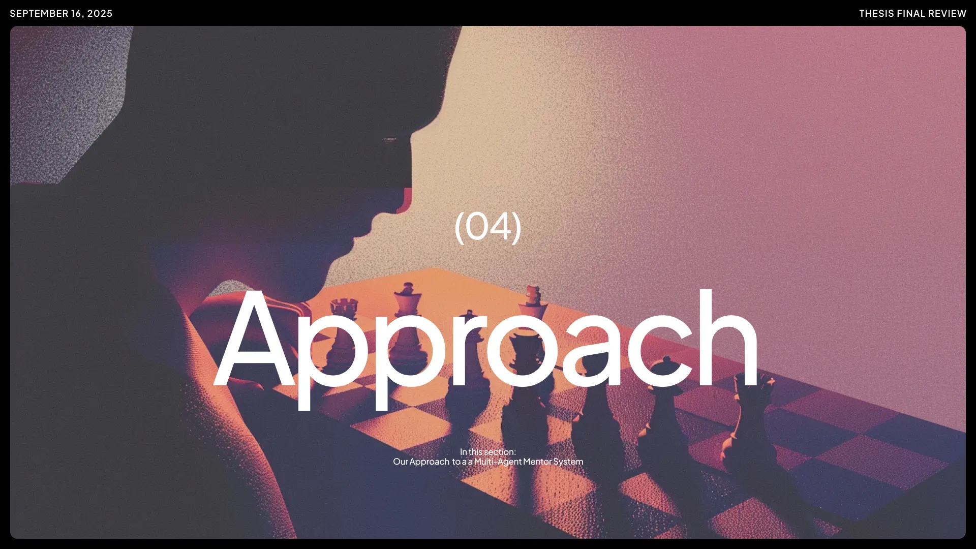 Section header for Approach featuring a person playing chess, symbolizing the strategic multi-agent mentor system developed for architectural education by Archificials.