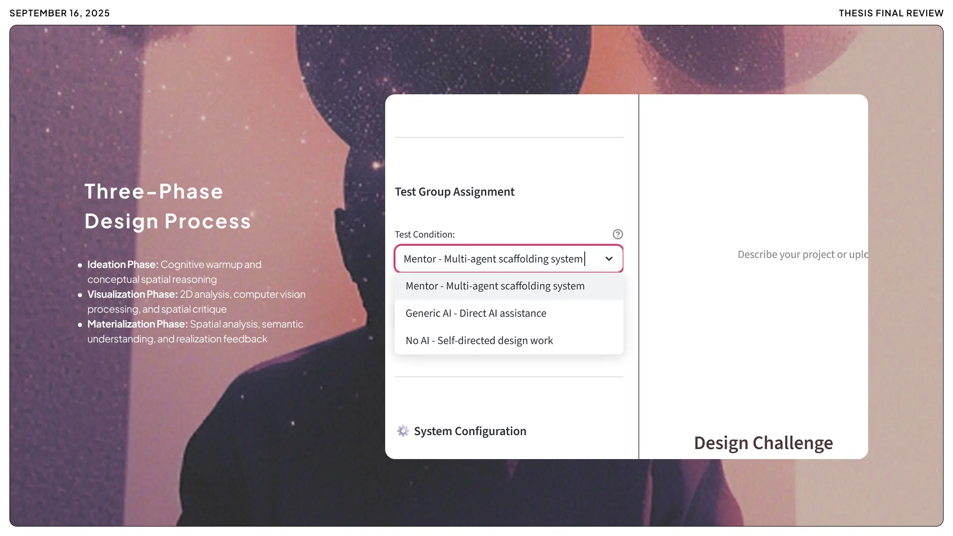 An interface mockup of the Mentor AI test group assignment, featuring the Three-Phase Design Process—Ideation, Visualization, and Materialization—alongside a selection menu for test conditions including the multi-agent scaffolding system and generic direct