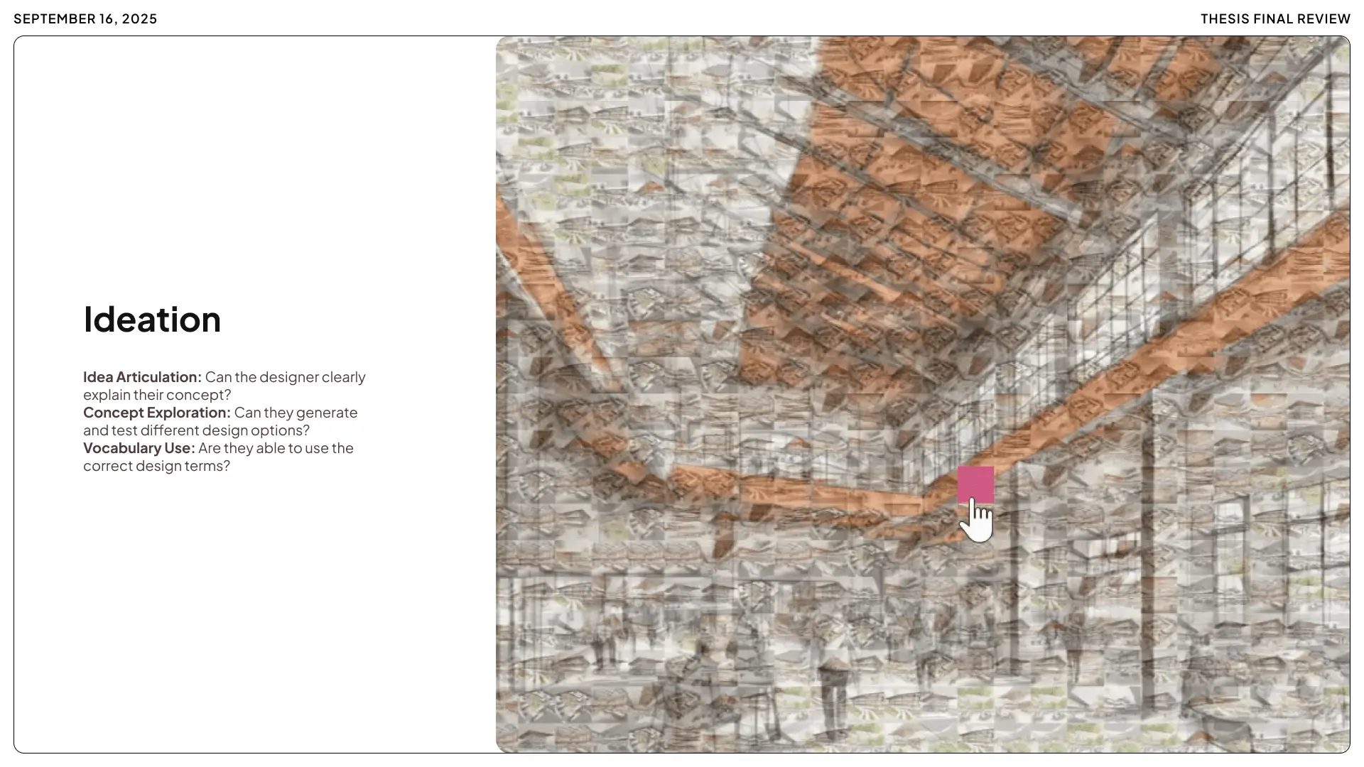 An interface demonstration of the Ideation phase test, evaluating a student's ability to articulate ideas and explore concepts using correct architectural vocabulary, featuring a background mosaic of design variations.