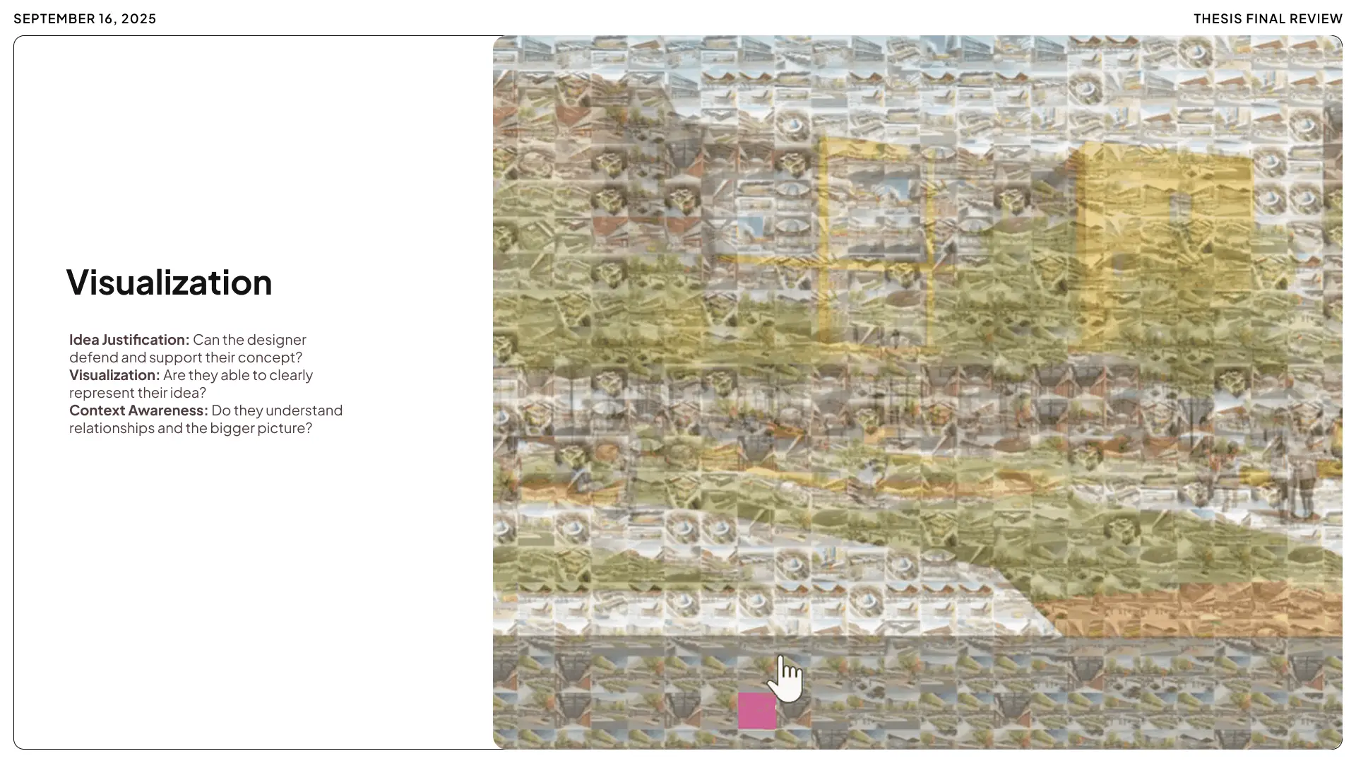 Interface for the Visualization phase assessment, evaluating student performance in idea justification, visual representation clarity, and context awareness through a mosaic of architectural design iterations.