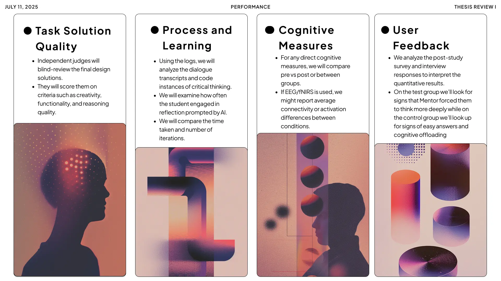 A data visualization slide titled 'Performance Over Time: Multi-Agent Logic vs General AI,' comparing the learning curves of students using Mentor AI's scaffolding versus those using standard LLMs across different design phases.
