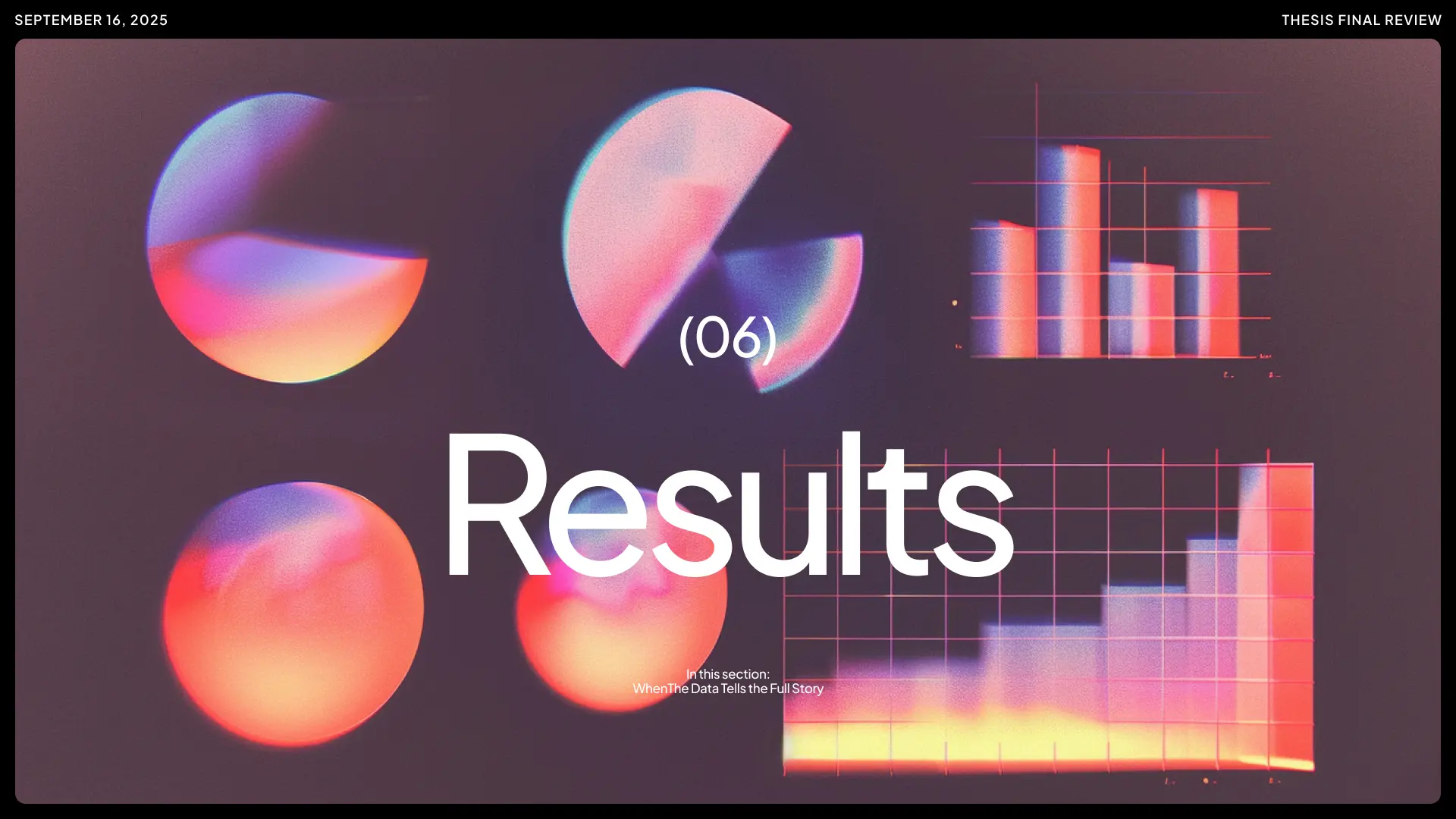 The cover slide for the Results section of the Mentor AI thesis, titled '(06) Results: In this section: When The Data Tells the Full Story,' featuring abstract, glowing 3D data visualizations including pie charts and bar graphs.