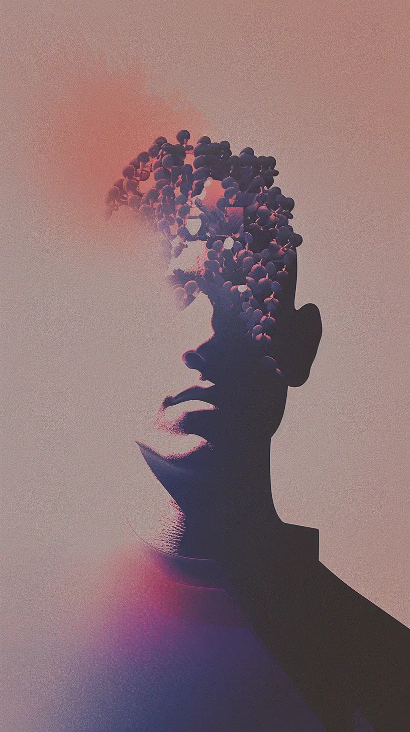 A conceptual surrealist digital artwork illustrating the prevention of cognitive offloading: a silhouette of a human head where the upper portion transitions into dense, organic, cluster-like structures, representing the retention and growth of complex tho