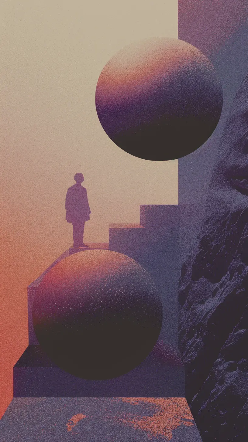 A conceptual surrealist digital artwork representing the architectural design process, featuring a small silhouette of a person standing on a massive staircase between two enormous, textured spheres, symbolizing the navigation of complex spatial ideas and 