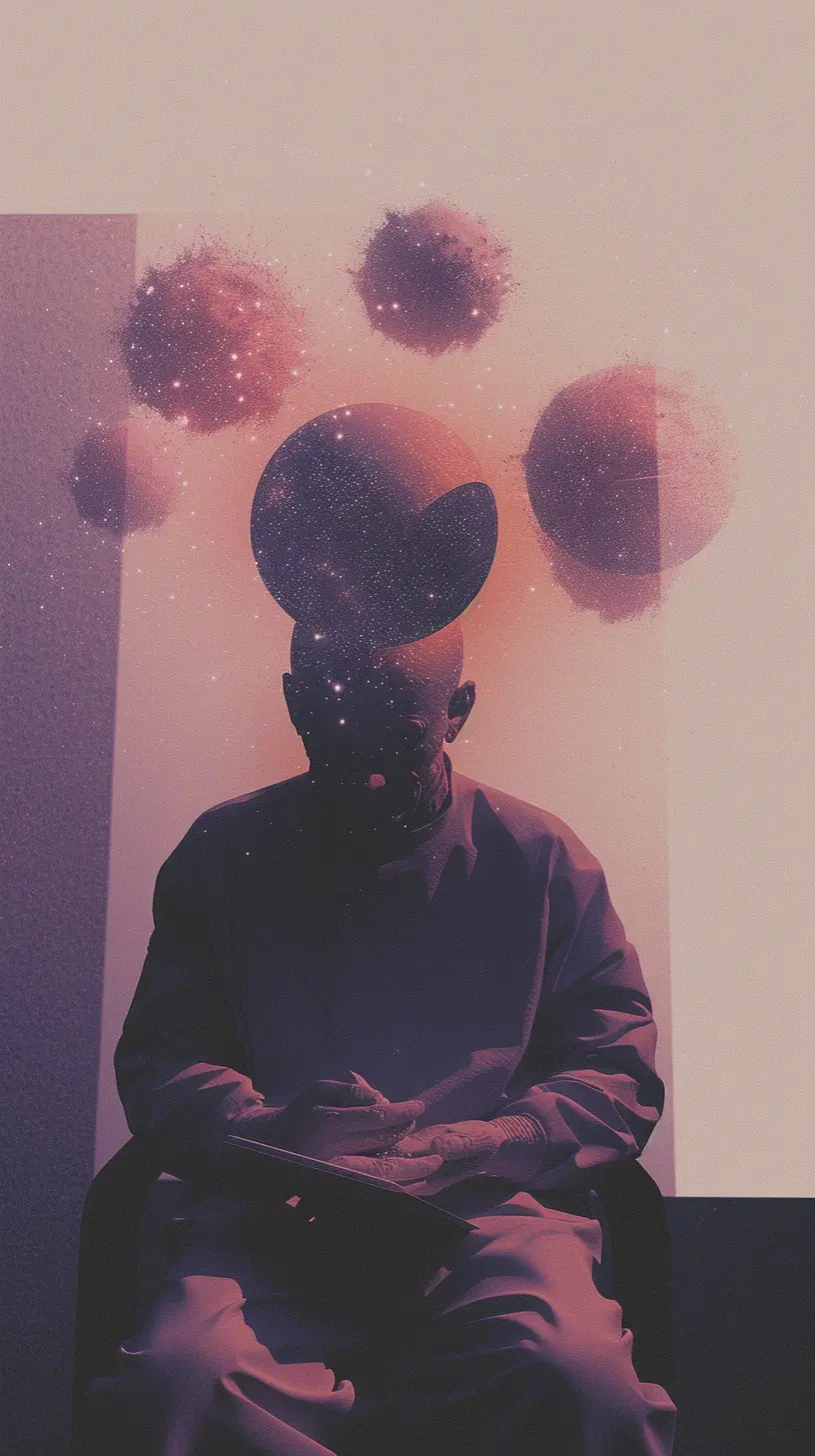 A conceptual digital artwork representing deep thinking engagement, featuring a seated figure in silhouette with several glowing, star-filled orbs floating above their head against a warm, textured background, symbolizing the expansion of internal thought 