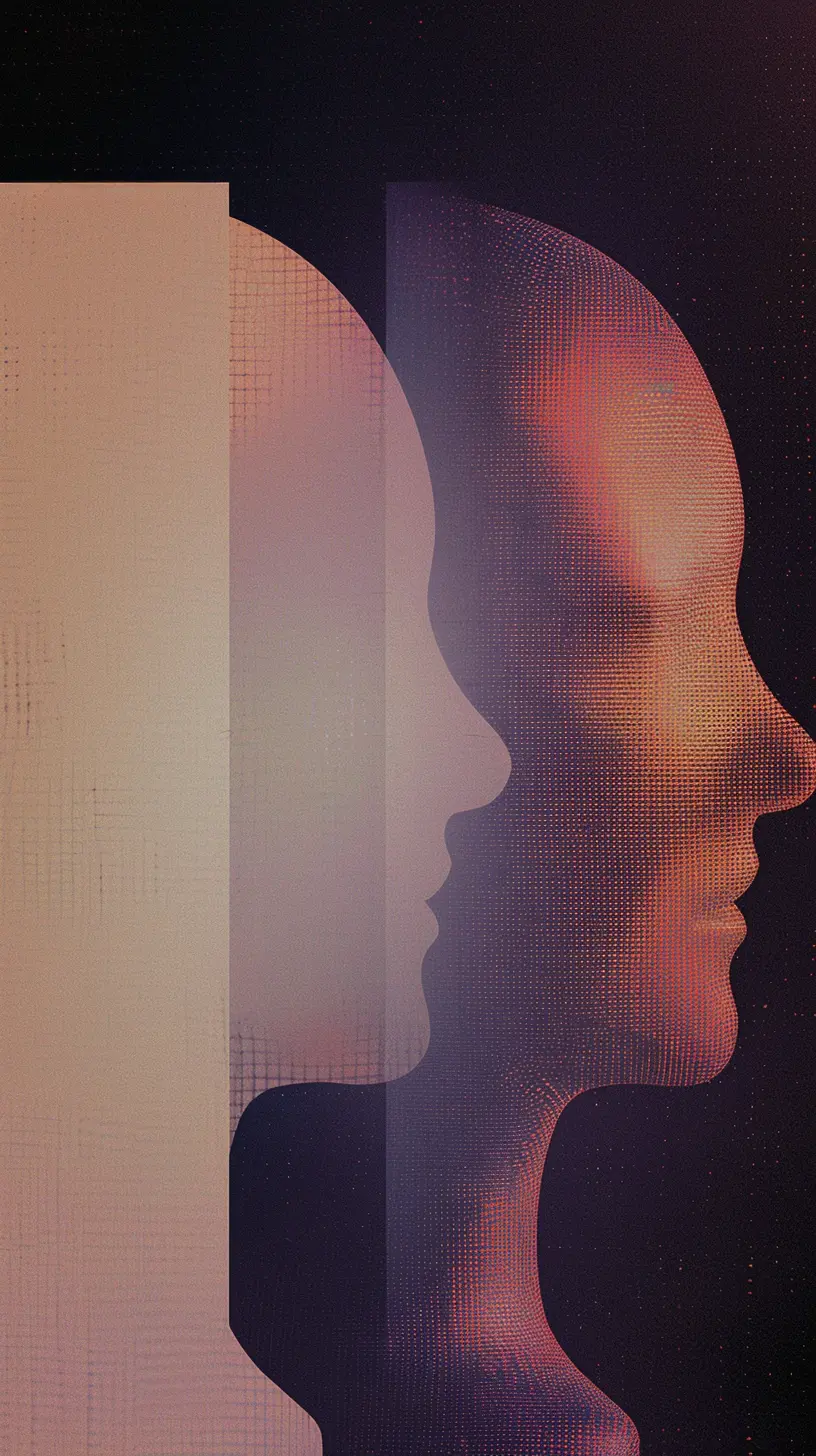 A conceptual digital artwork exploring the human-AI relationship, featuring two overlapping profiles in silhouette. One profile is a smooth, solid form, while the other is composed of a vibrant, digital-dot matrix, symbolizing the intersection and mirrorin