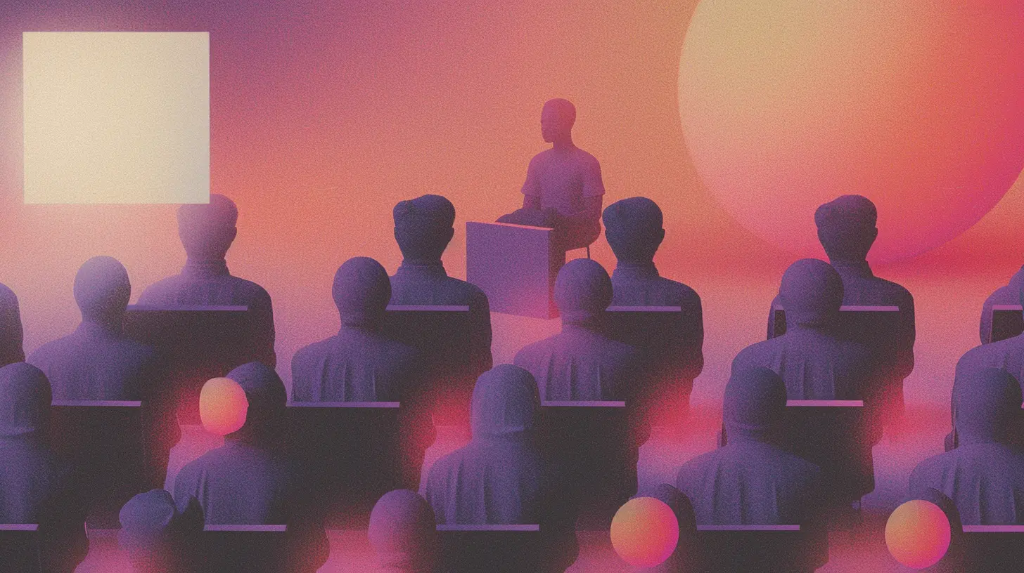 A conceptual digital artwork depicting institutional implementation, showing a classroom setting with rows of silhouetted students facing a central figure. The scene is bathed in a warm sunset gradient with a large glowing orb in the background, symbolizin