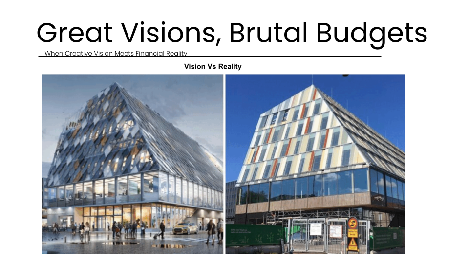 architects-frustrated-by-brutal-budgets-and-painful-reality.jpg Presentation slide titled "The Problem," illustrating the conflict in the AEC industry between architectural "Great Visions" and financial "Brutal Budgets." Two portraits of older architects e