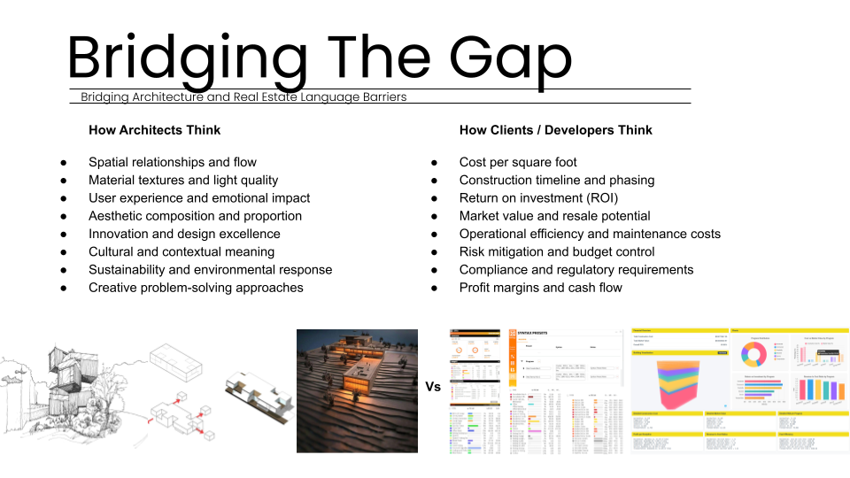 A comparison chart titled "Bridging The Gap" illustrating the language barriers between architects and real estate developers. The left side lists architectural priorities like spatial relationships and aesthetic composition, paired with conceptual hand sk