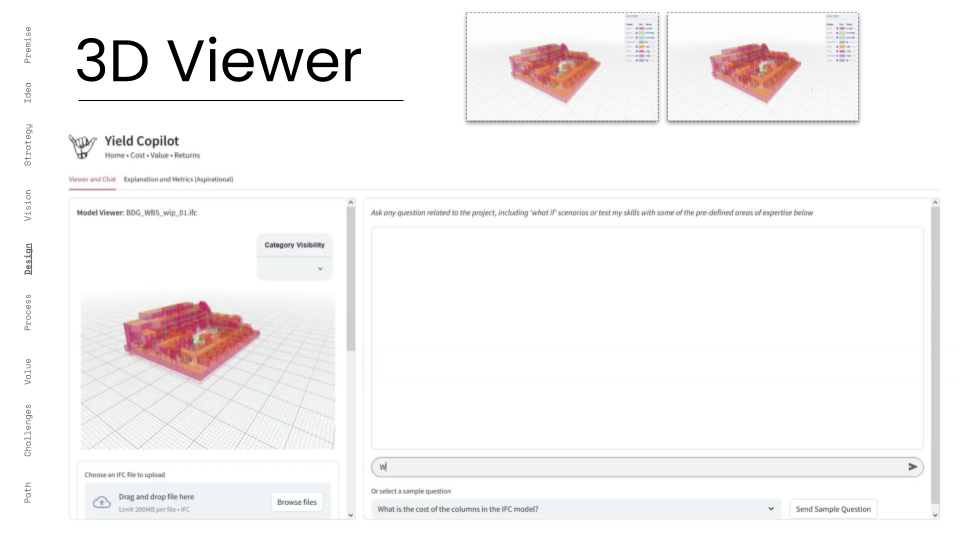 A technical slide titled "3D Viewer" showcasing the Yield Copilot web interface. The graphic displays a 3D IFC model viewer on the left, which highlights specific building components like structural columns in different colors and opacities based on user q
