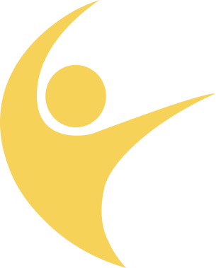 Abstract yellow figure with an arched arm raised, representing a person in motion or celebration.