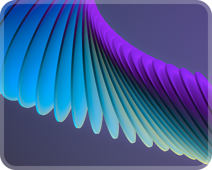 Abstract 3D curved structure with blue and purple gradient segments on a dark background.