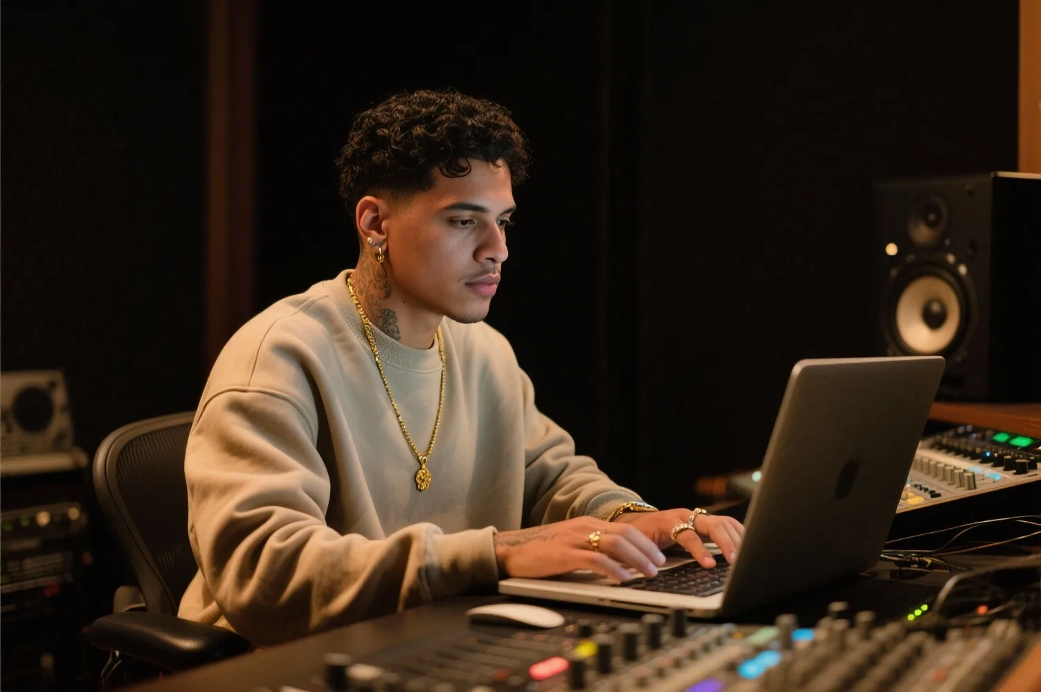 Young man with tattoos and jewelry working on a laptop in a music studio with audio equipment and speakers.