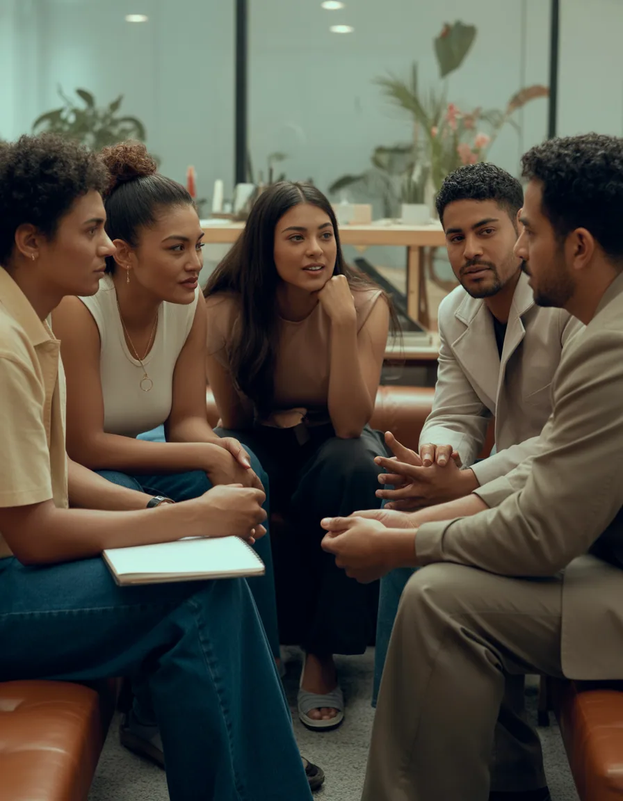 Five diverse young adults sitting in a circle engaged in a focused group discussion indoors.