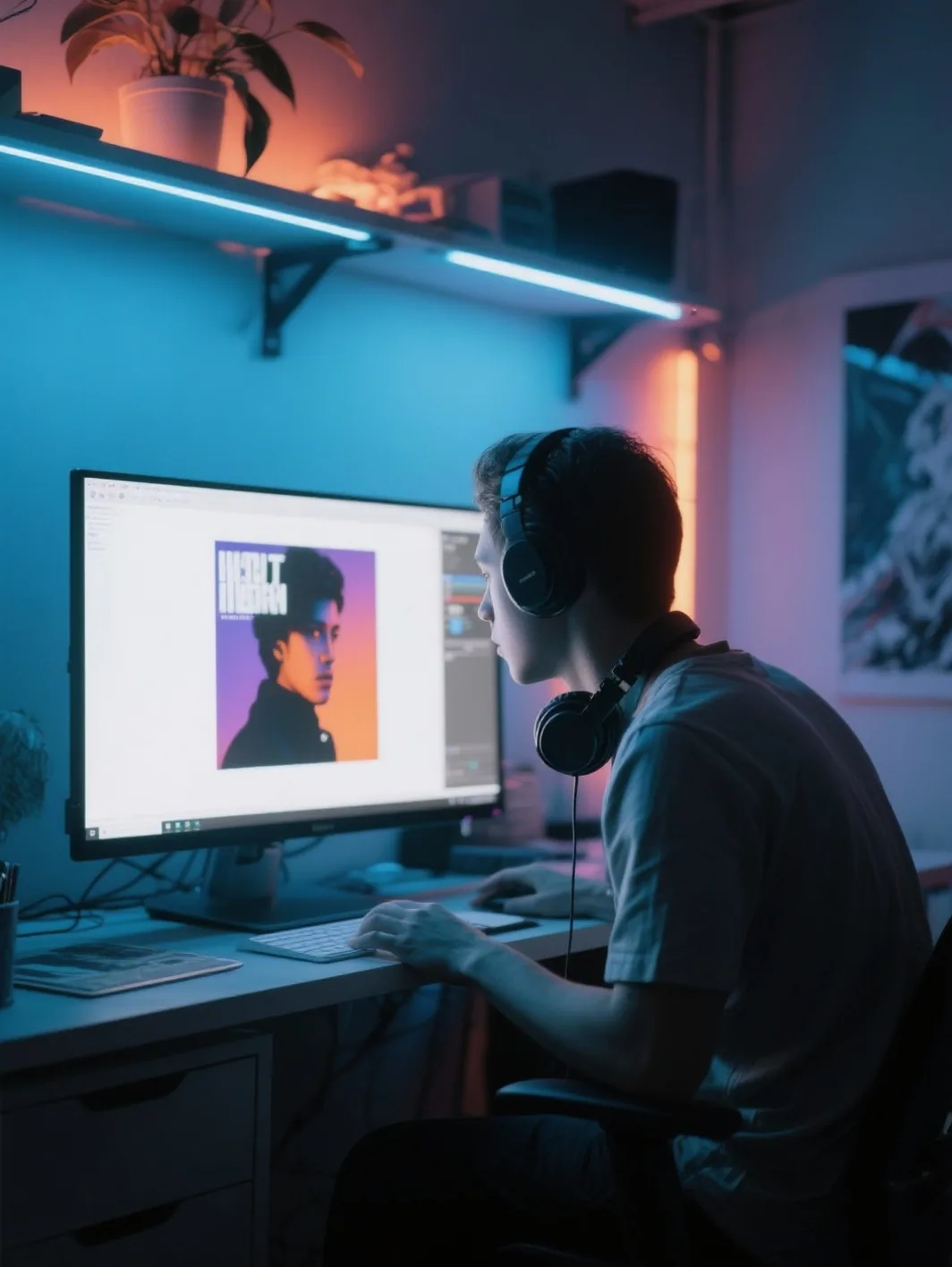 Young man wearing headphones and sitting at a desk, working on graphic design displayed on a large computer monitor in a dimly lit room with blue and orange lighting.