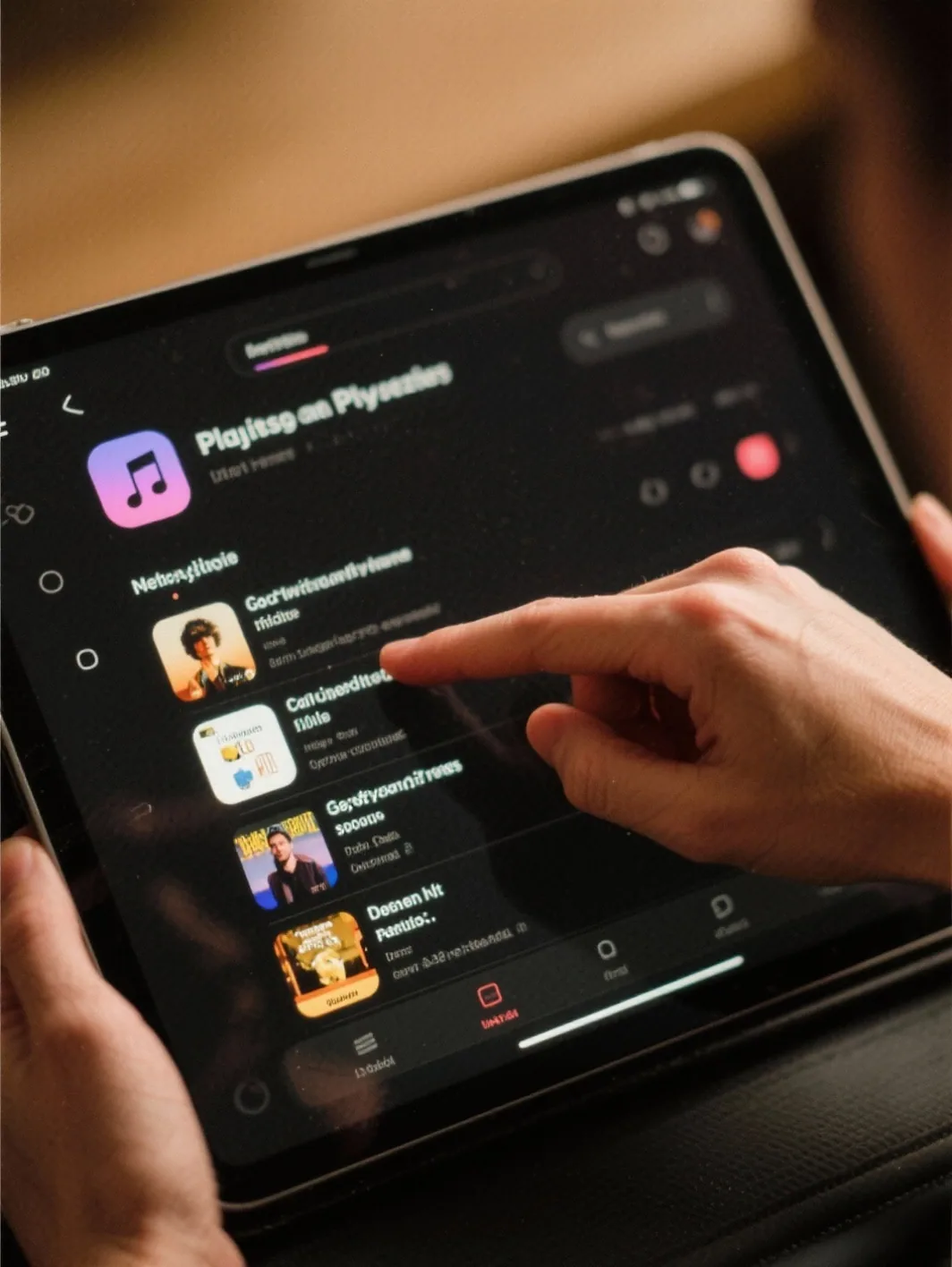Person using a tablet to browse playlists on a music streaming app with a finger pointed at the screen.