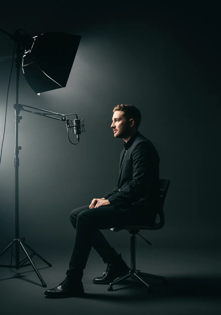 Man in black suit sitting on a swivel chair facing a microphone and studio light in a dark recording studio.