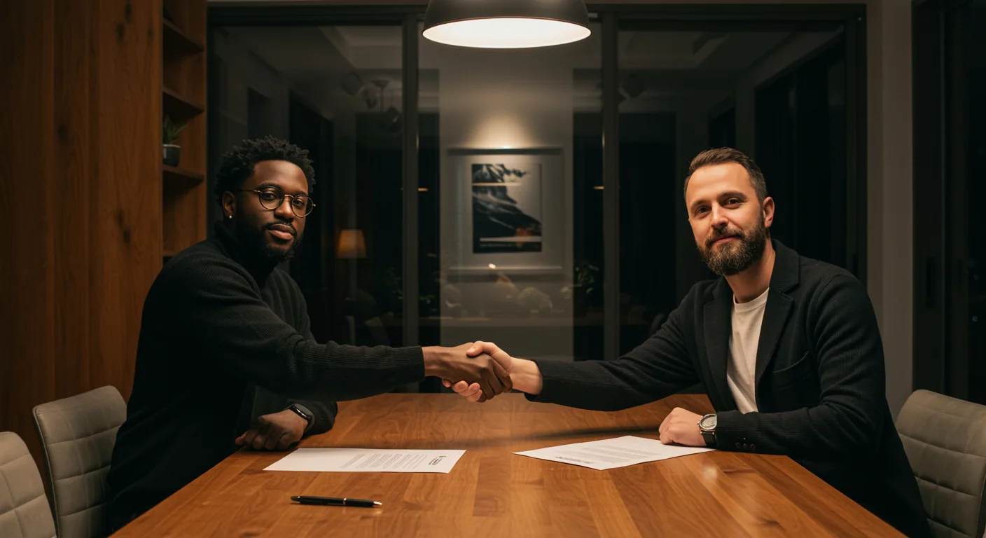 Two men sitting across from each other at a table shaking hands over signed documents in a dimly lit room.