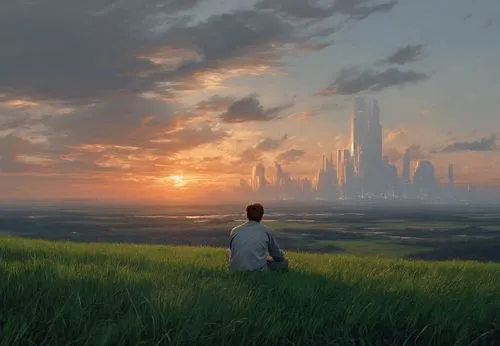 Person sitting on a grassy hill watching a futuristic city skyline at sunset.