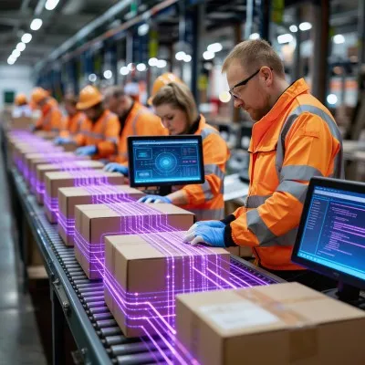 A group of people working on laptops in a factory.