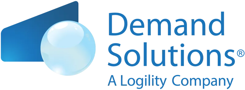 A blue and white logo with the words demand solutions.