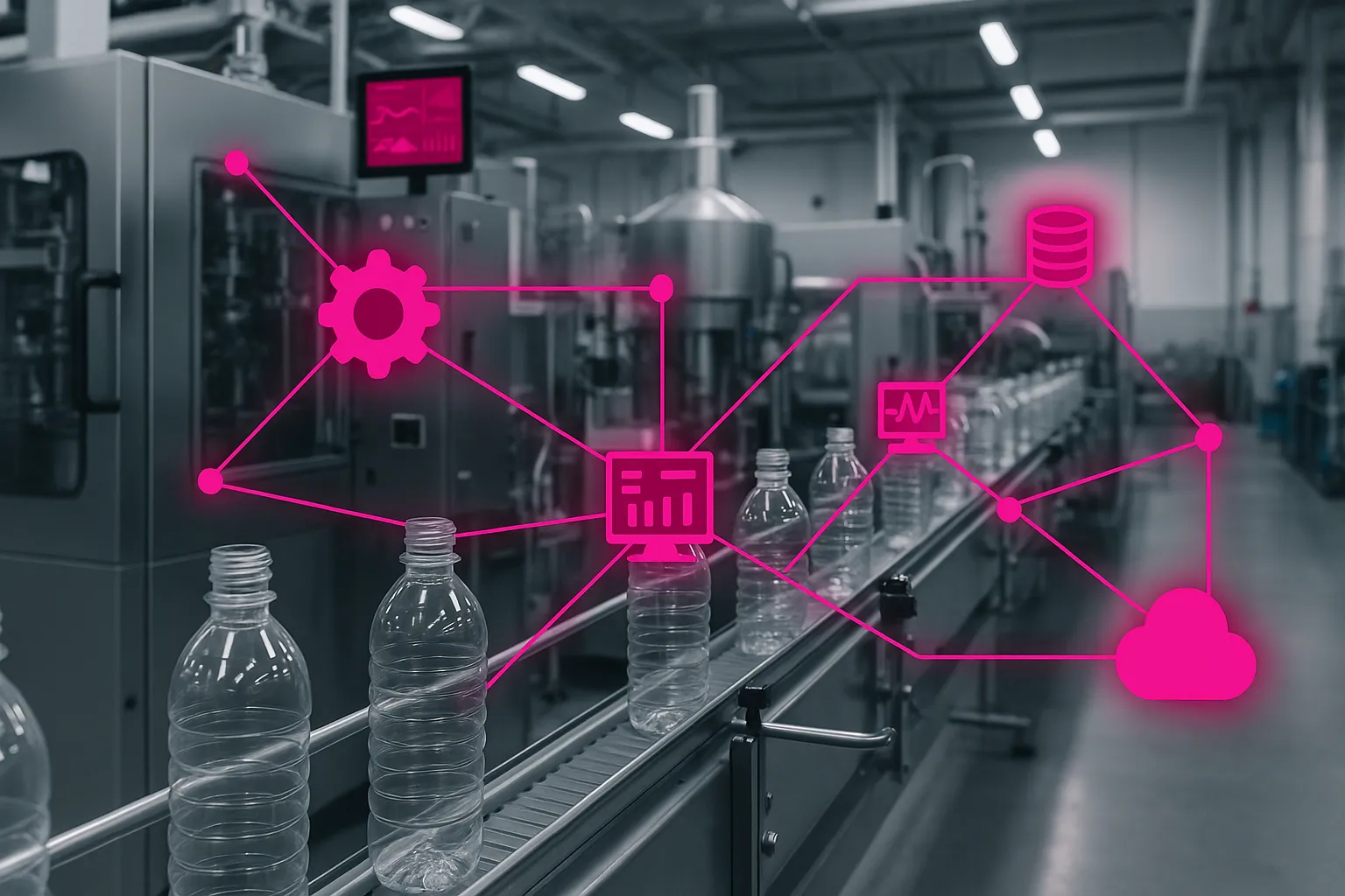 A factory filled with lots of bottles of water.