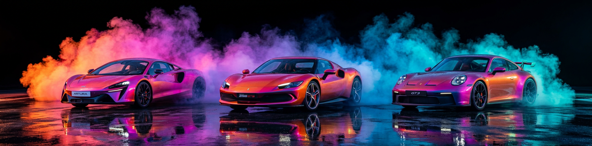 Ferrari 296 GTB, McLaren Artura and Porsche 911 GT3 with colorful smoke