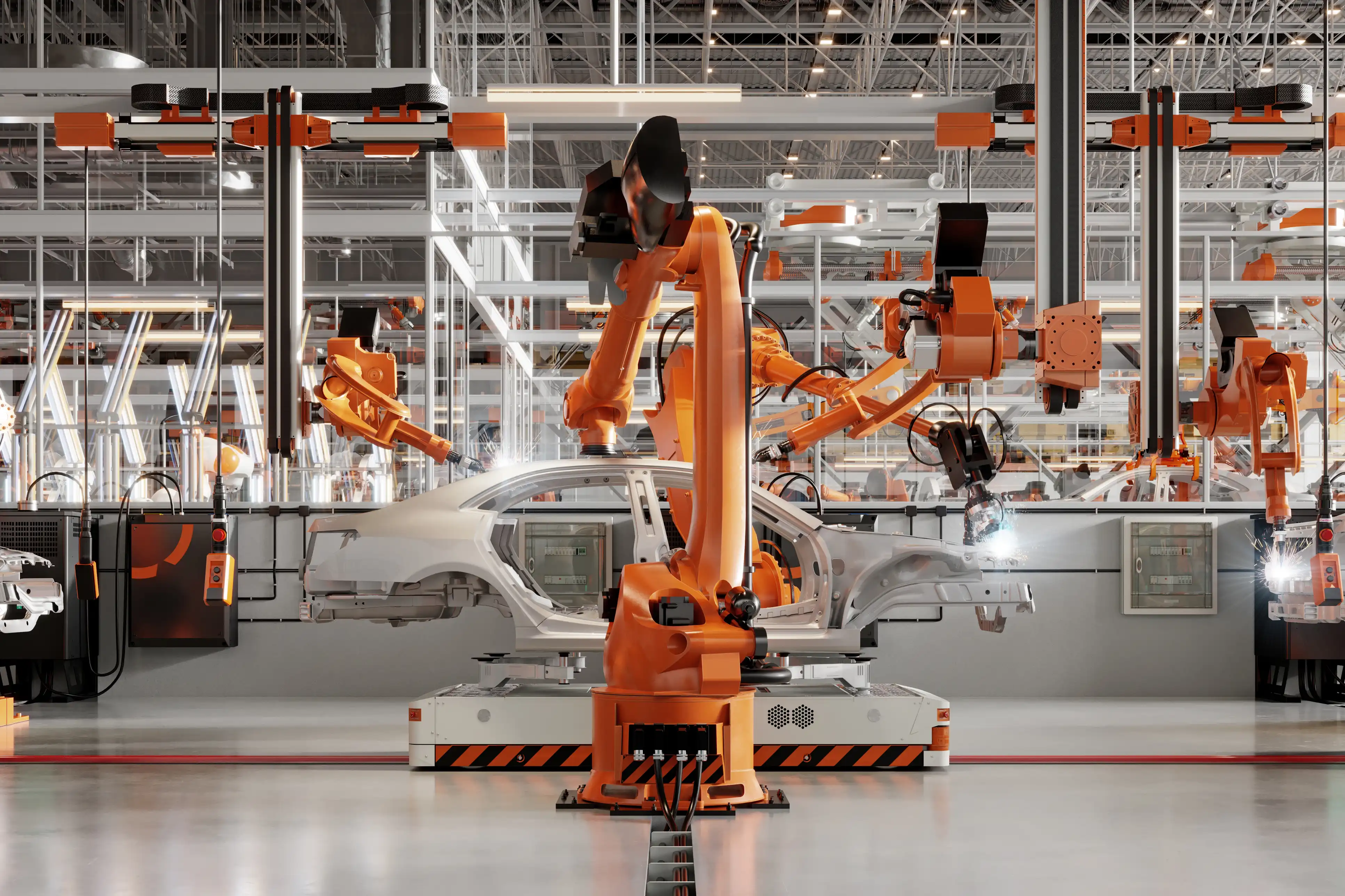 Production line with operators responding to a stoppage