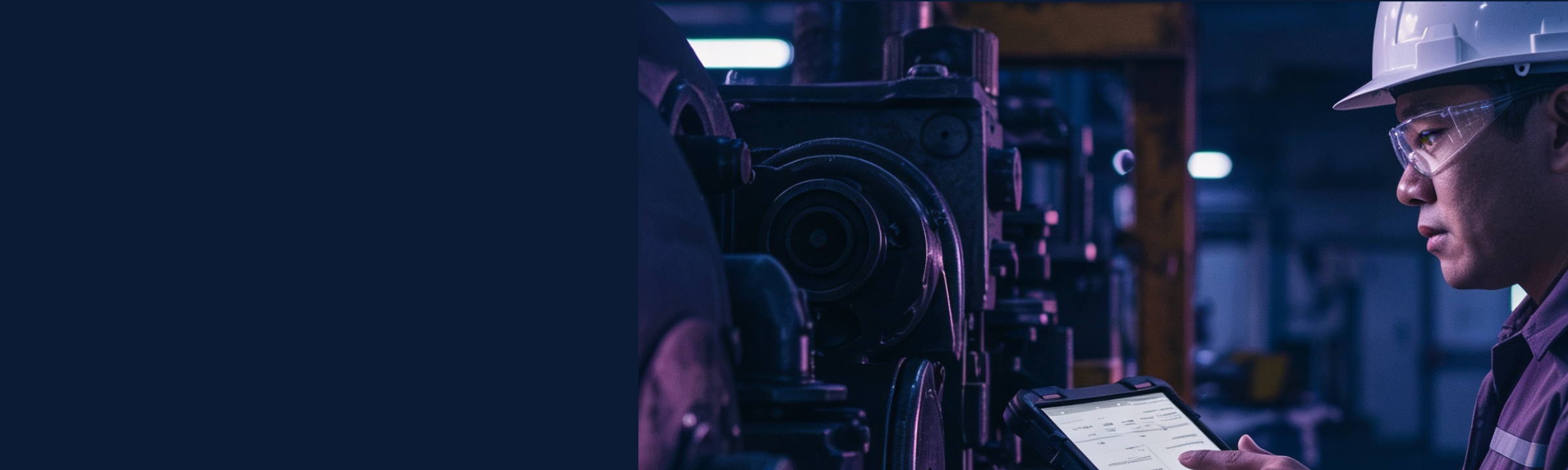 Industrial maintenance technician with tablet on plant floor