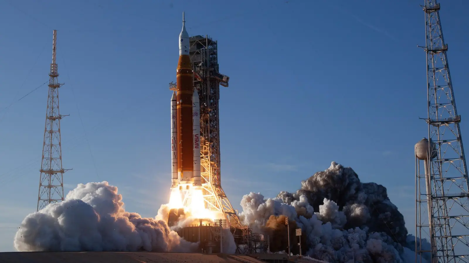 NASA Space Launch System rocket lifting off from Kennedy Space Center on the Artemis II mission