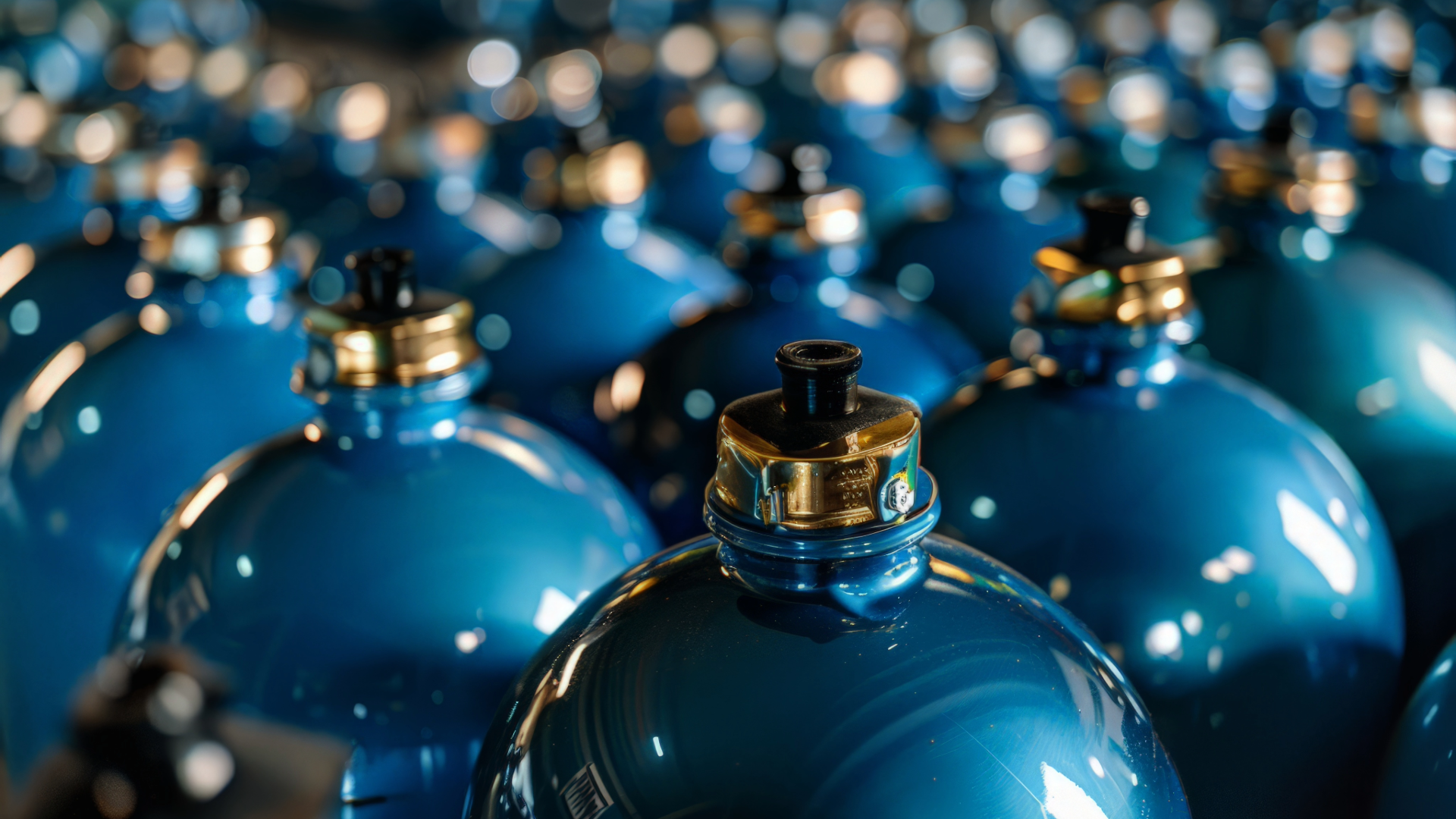 Close-up of industrial gas cylinder valves at scale
