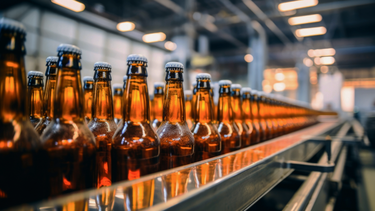 Aerial view of a high speed bottling line