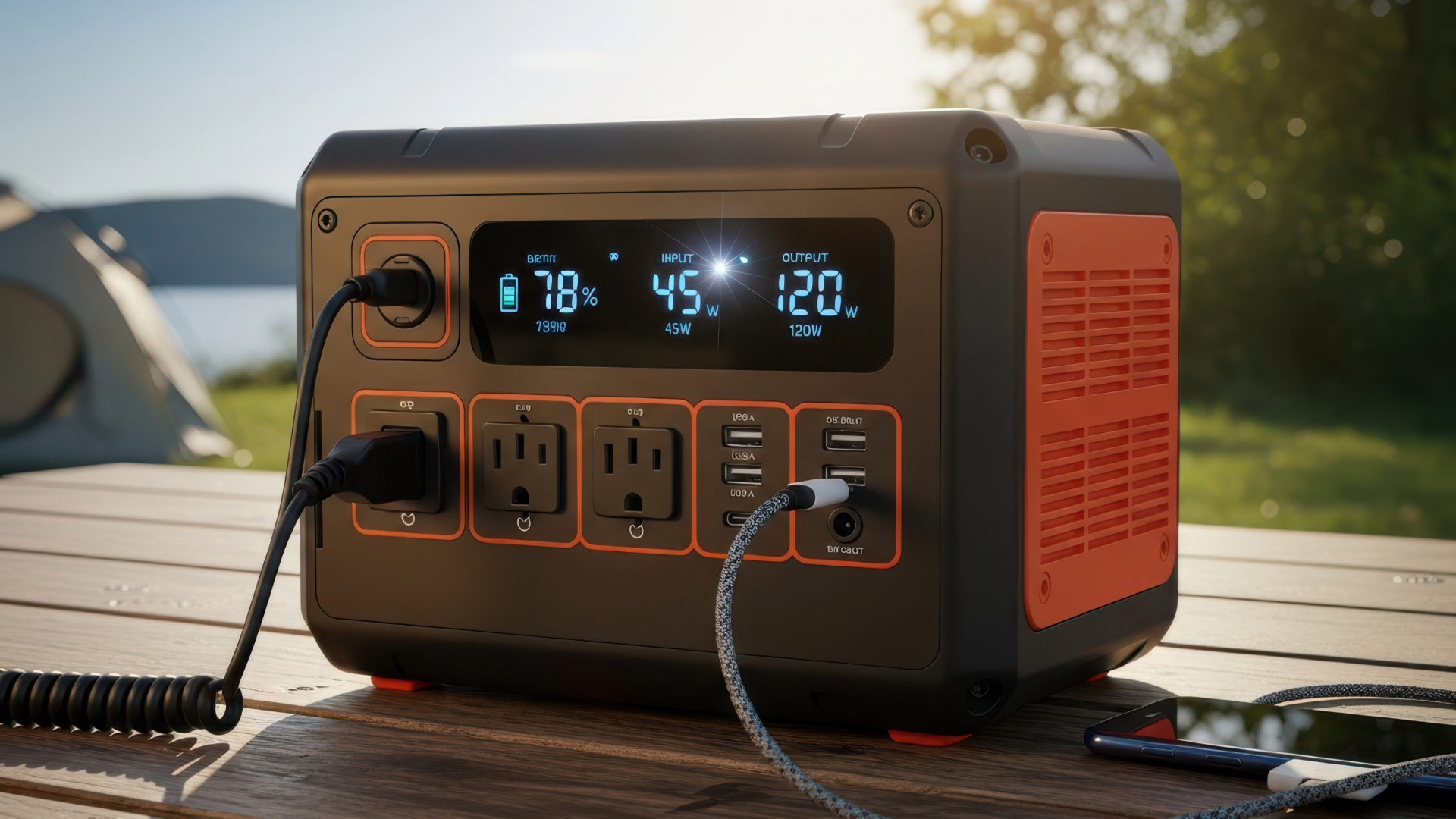 Portable power station with display panel and connected devices