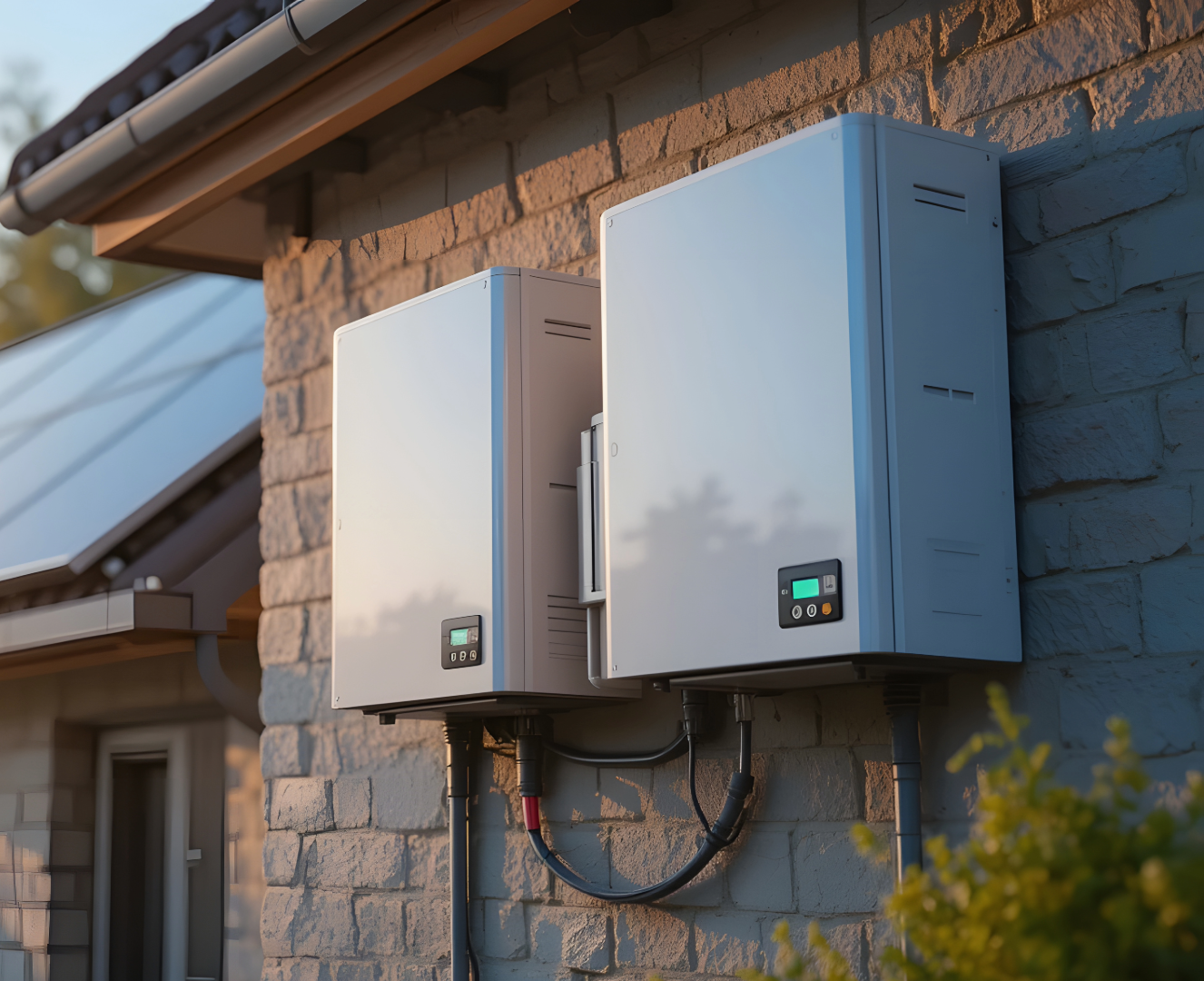 Home energy storage battery units wall-mounted on a house exterior