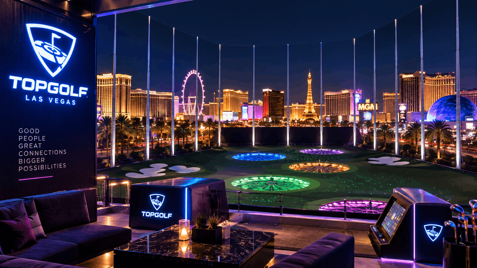 Topgolf Las Vegas overlooking the Las Vegas Strip at night
